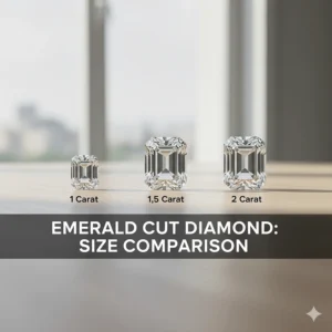 Comparison chart of emerald cut diamond sizes, showing the slight difference between 1 carat, 1.5 carat, and 2 carat stones.