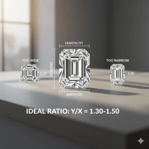 Diagram illustrating the ideal length-to-width ratio for an emerald cut diamond, typically between 1.30 and 1.50, for a balanced appearance.