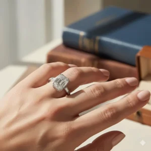 A beautiful emerald cut engagement ring worn on a woman's hand, highlighting the elegant, elongated shape of the diamond.