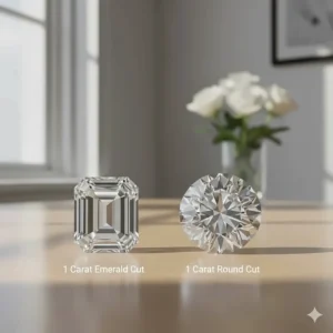 Visual comparison of a 1 carat emerald cut diamond next to a 1 carat round brilliant cut diamond, showcasing their different appearances and facet structures.