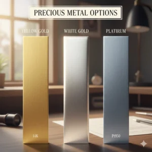 Close-up texture comparison of the three most popular precious metals used for custom engagement rings: yellow gold, white gold, and platinum.