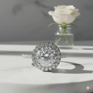 An antique-style halo round brilliant cut engagement ring featuring pavé-set diamonds surrounding the center stone.