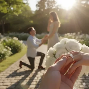 A close-up shot of a hand wearing a stunning solitaire engagement ring, taken during a romantic outdoor proposal moment.