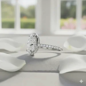 Side view close-up illustrating the hidden halo of tiny diamonds supporting the center oval engagement ring stone, adding sparkle from every angle.