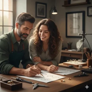 A photo of a professional jeweler consulting with a happy customer, reviewing sketches for their personalized custom engagement rings.