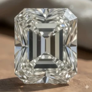 Close-up macro photograph showcasing the step-cut facets and clarity of a large emerald cut diamond.