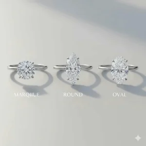 Image comparing the unique marquise diamond shape to other common cuts like round or oval, emphasizing its flattering, lengthening effect.