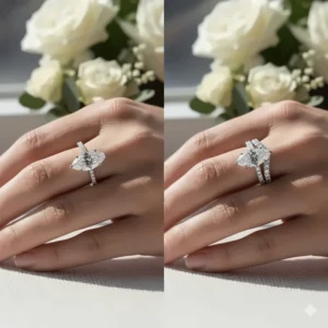 Comparison image showing the marquise engagement ring worn alone and then stacked with the wedding band.