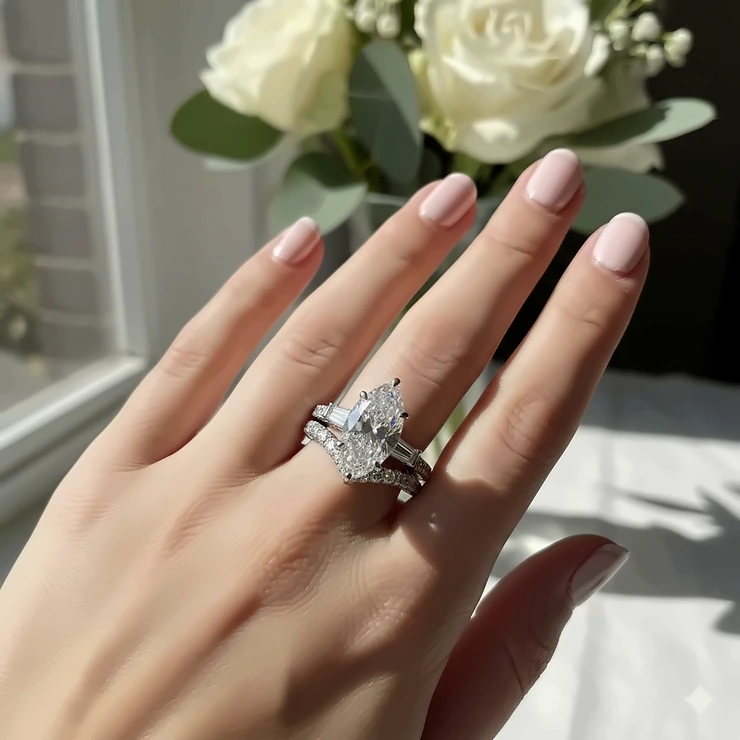 Stunning marquise engagement ring with matching wedding band on a hand, showcasing the complete bridal set. marquise engagement ring with wedding band