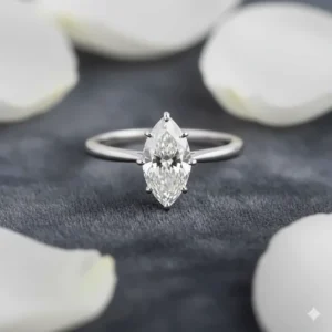 Elegant photo of a marquise solitaire diamond ring with a durable platinum setting, showcasing its strength and bright white color.