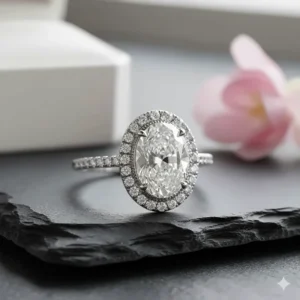 Oval-cut diamond engagement ring with a dazzling double halo, maximizing the stone's perceived size and brilliance.