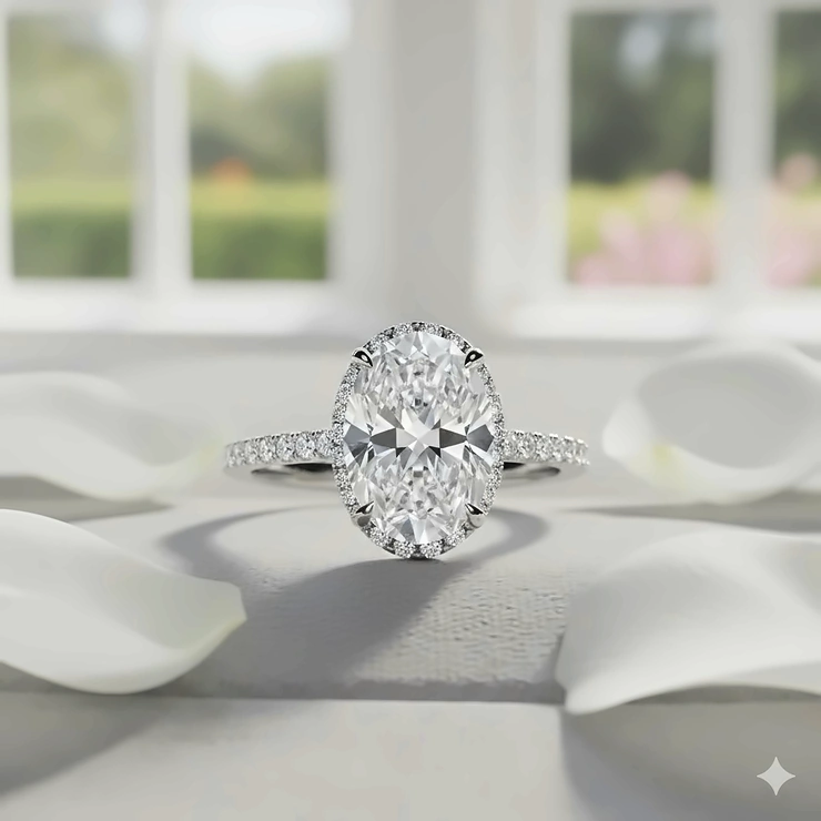 A stunning close-up of a brilliant oval engagement ring with hidden halo setting on a delicate pave band, highlighting the brilliance and elongated shape.