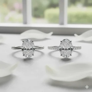 Side-by-side comparison of the same oval engagement ring with hidden halo, one on a plain metal band and the other on a pave diamond band.