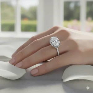 Beautiful model shot of the oval engagement ring with hidden halo worn on the finger, showing how the elongated stone flatters and slims the hand.