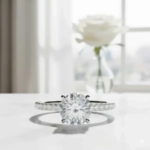 Close-up of a round brilliant diamond sitting on a pavé diamond-set band, adding extra sparkle to the engagement ring design.