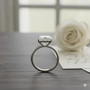 Close-up side view of the 3 carat radiant diamond ring, highlighting the four-prong solitaire setting and clean diamond profile.