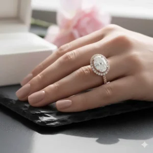 Two-tone double halo engagement ring, featuring a rose gold band and a white gold halo setting.