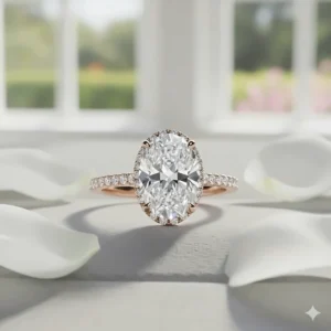 An oval engagement ring with hidden halo set in rose gold, showcasing the warm tone of the metal that complements the center diamond.