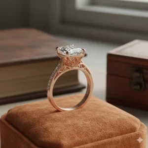 A unique rose gold vintage emerald cut engagement ring with an ornate basket setting for a warm, antique look.