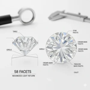 A technical diagram illustrating the 58 facets of a well-proportioned round brilliant cut diamond to maximize light return.