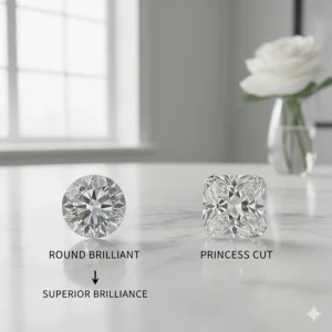 Visual comparison between a round brilliant diamond and a princess cut diamond to highlight the round's superior brilliance.