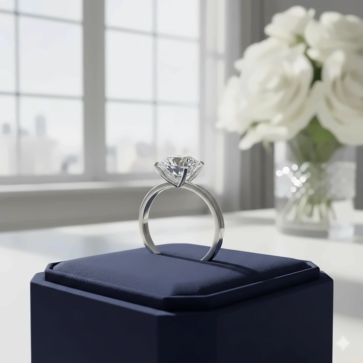 A classic round brilliant cut diamond solitaire engagement ring set on a thin white gold band, emphasizing the sparkle and elegant simplicity.