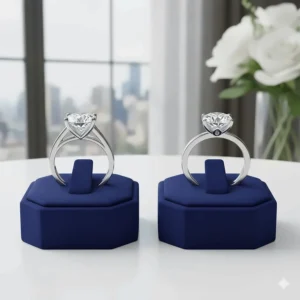 Detailed comparison image showing the difference between a high-profile cathedral setting and a classic Tiffany solitaire setting for engagement rings.