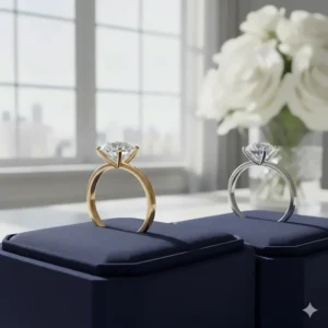 Comparison of two identical solitaire engagement rings, one featuring a timeless yellow gold band and the other a durable platinum setting.