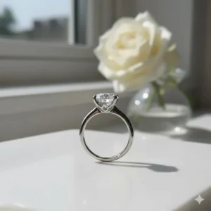 Side view of a simple yet elegant six-prong solitaire setting for a round brilliant cut engagement ring.
