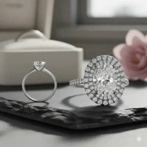 Comparison image showing the difference in coverage and light reflection between a solitaire and a double halo engagement ring.