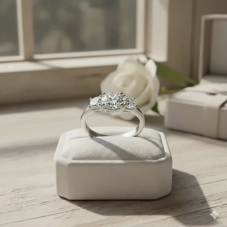 A classic three-stone diamond ring featuring a brilliant-cut center stone flanked by two slightly smaller side diamonds, set on a white gold band. three stone diamond ring