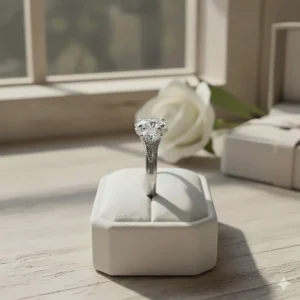 Side profile view of a three-stone diamond ring, highlighting the setting's height and intricate filigree detail beneath the diamonds.