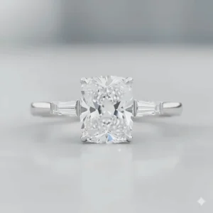 Classic three-stone engagement ring featuring an elongated cushion cut center diamond flanked by two tapered baguette side stones.