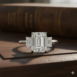 Classic three-stone vintage emerald cut engagement ring flanked by two smaller trapezoid-cut diamonds.