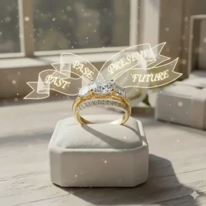 An illustration representing the meaning of the three-stone ring: a sparkling diamond for the past, present, and future.