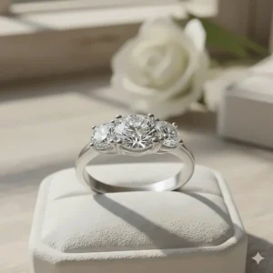 Close-up view of a three-stone diamond ring with the diamonds securely held in a durable four-prong setting.