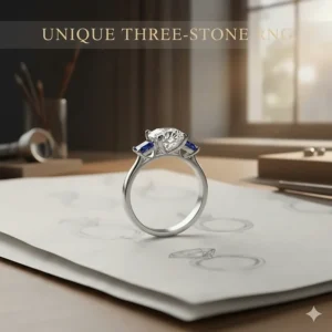 A unique, modern three-stone custom engagement ring design featuring colored side stones flanking a larger center diamond.