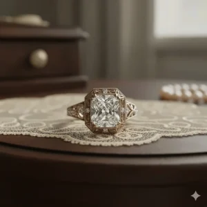 An antique or vintage Asscher cut wedding ring design, possibly with milgrain detailing or an art deco halo, emphasizing its historical appeal.