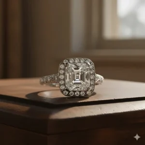 A beautiful antique and vintage asscher cut engagement ring featuring a delicate milgrain halo design.