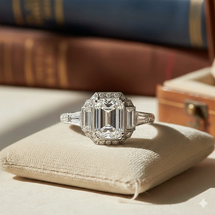 A stunning vintage emerald cut diamond engagement ring set in a platinum Art Deco style mounting with baguette side stones. vintage emerald cut engagement rings
