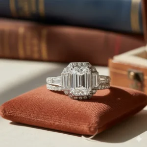 A complete wedding set featuring a vintage emerald cut engagement ring paired perfectly with a delicate diamond wedding band.