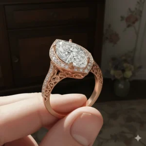 Ornate vintage-inspired marquise cut diamond engagement ring featuring intricate filigree work and side accent stones.