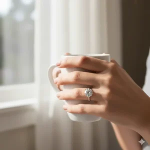 A bride wearing a gorgeous, timeless round brilliant cut engagement ring on her left hand in soft lighting.