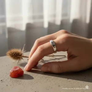 Minimalist sterling silver Aries zodiac sign ring showing the ram symbol.