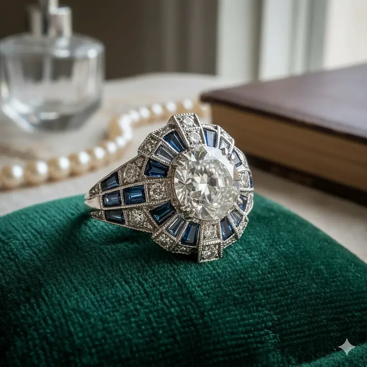 A stunning vintage Art Deco engagement ring, featuring a central old European cut diamond set in a geometric platinum mounting with sapphire and diamond accents.