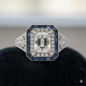 Close-up view of an authentic Art Deco engagement ring showcasing the classic geometric shapes and intricate filigree work characteristic of the 1920s and 1930s.