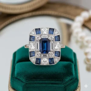 A beautiful Art Deco engagement ring crafted in platinum, featuring vibrant blue sapphire baguettes and small diamonds arranged in a symmetrical pattern.