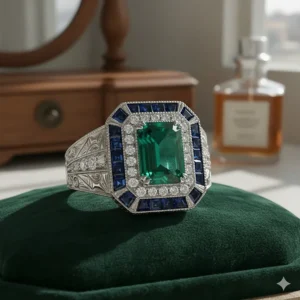 An Art Deco engagement ring that utilizes a non-diamond center stone, such as an emerald or ruby, for a unique pop of color within the geometric setting.
