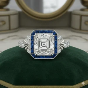 Detail of an Art Deco engagement ring featuring a desirable Asscher-cut diamond, an iconic choice that complements the angular, stepped design of the era.