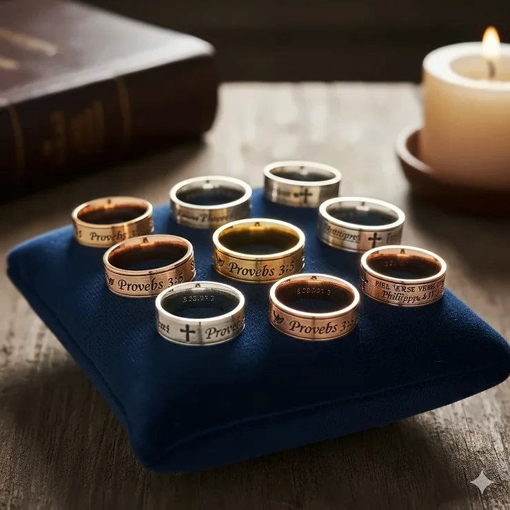A collection of premium gold and silver bible verse rings engraved with popular scriptures, displayed on a velvet jewelry cushion.